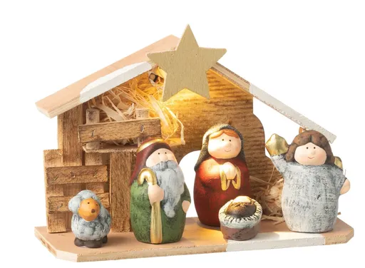 Přírodní svítící Betlém s keramickými postavičkami Nativity - 21*8*16 cm J-Line by Jolipa