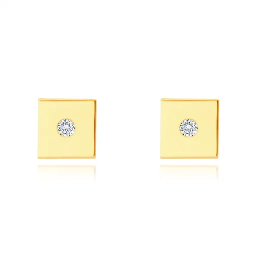 Zlaté 14K náušnice - hladký lesklý čtvereček, drobný kulatý zirkon, puzetové zapínání