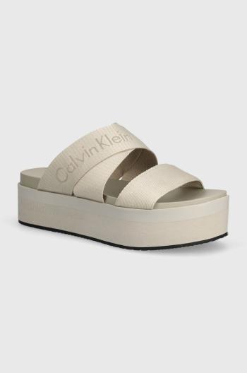 Pantofle Calvin Klein Jeans FLATFORM SANDAL WEBBING IN MR dámské, béžová barva, na platformě, YW0YW01361