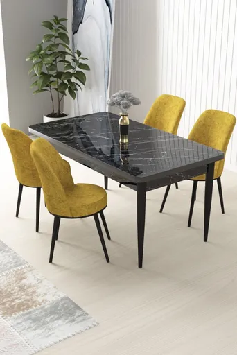 Dining Table & Chairs Set (5 Pieces) Nil - Black Marble, Mustard