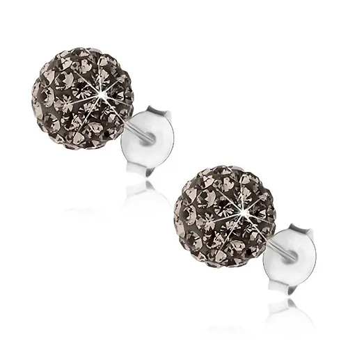 Stříbrné náušnice 925, blýskavé kuličky, ocelově šedé krystaly Preciosa, 8 mm