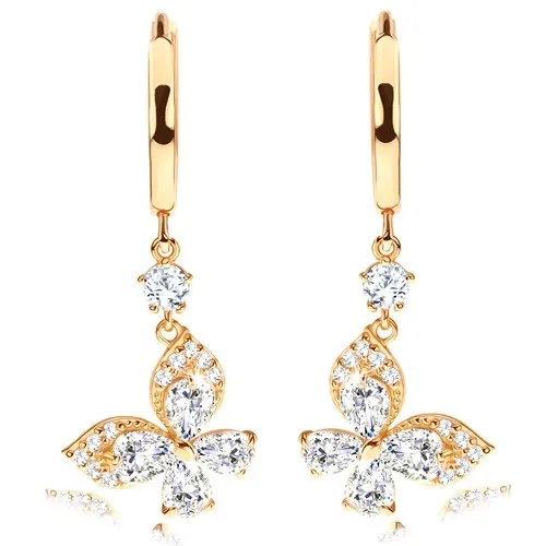 Náušnice ze žlutého 14K zlata - lesklý kroužek, čirý zirkonový motýlek