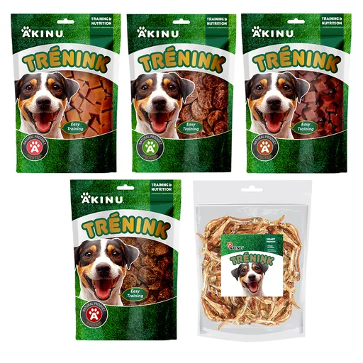 Akinu Trénink Hovězí & jehněčí & kachní & lososové & rybičky pamlsek pro psy 5 balení