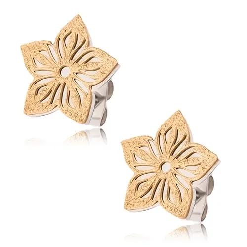 Dvojbarevné náušnice z oceli, pískovaný vyřezávaný květ