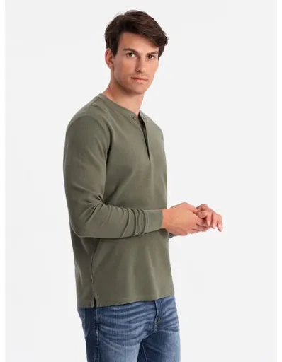 Pánská košile s dlouhým rukávem z vaflového úpletu s knoflíky u krku olivová