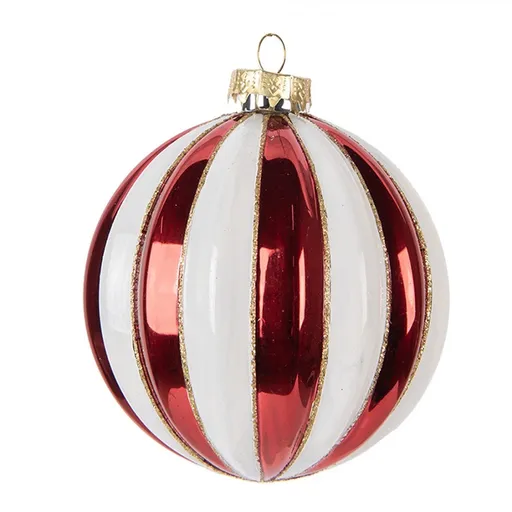 Červenobílá skleněná vánoční ozdoba koule s pruhy - Ø 10*11 cm Clayre & Eef