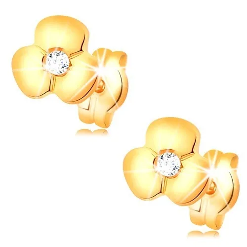 Zlaté náušnice 585 - lesklý kvítek s čirým zirkonem uprostřed, puzetky