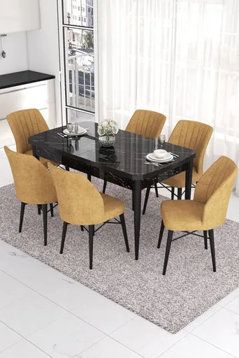 Extendable Dining Table & Chairs Set (7 Pieces) Eva - Black Marble, Cappuccino