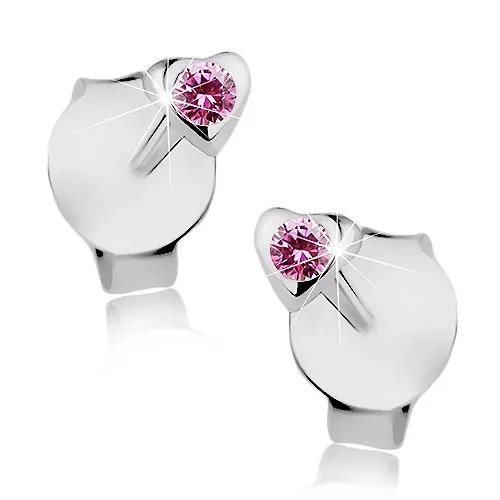 Puzetové náušnice, stříbro 925, drobné srdíčko, růžový krystalek Swarovski