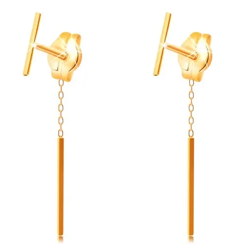 Náušnice ze žlutého zlata 585 - tenká rovná tyčinka, brzdítko s řetízkem