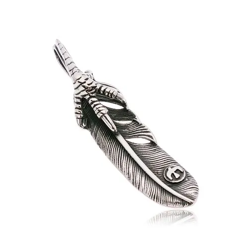 Přívěsek z chirurgické oceli stříbrné barvy, pírko a drápy, černá patina