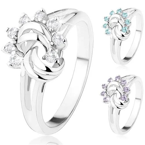 Prsten stříbrné barvy, rozdělená ramena, zirkonové slunce, obloučky - Velikost: 58, Barva: Modrá světlá