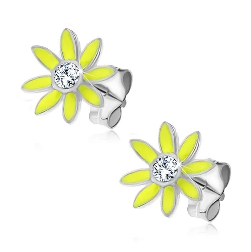 Stříbrné náušnice 925 - neonově zelené kopretinky