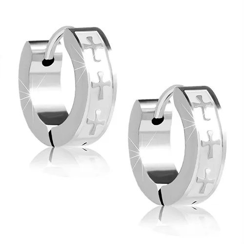 Ocelové náušnice - kroužky stříbrné barvy, lesklé kříže