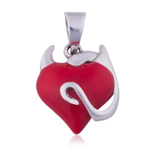 Stříbrný přívěsek 925 - srdíčko červené barvy, zatočený ocásek, růžky