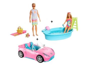 Mattel Barbie GJB71 Elegantní kabriolet + Barbie, bazén se skluzavkou a Ken - chybí kryt kola