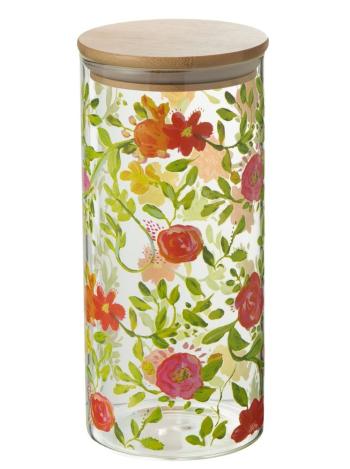 Skleněná dóza na potraviny s dřevěným víčkem a květy  Floral glass - Ø10*23cm / 1400ml 30679