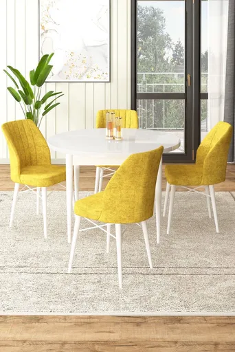 Dining Table & Chairs Set (5 Pieces) Rox - White, Mustard