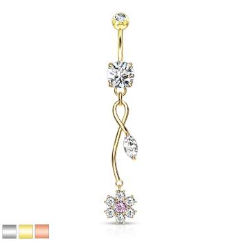 Piercing z 316L ocele do bruška, ródiovaný - zirkóny, nekonečno, slzička, kvietok, 1,6 mm  - Farba: Medená