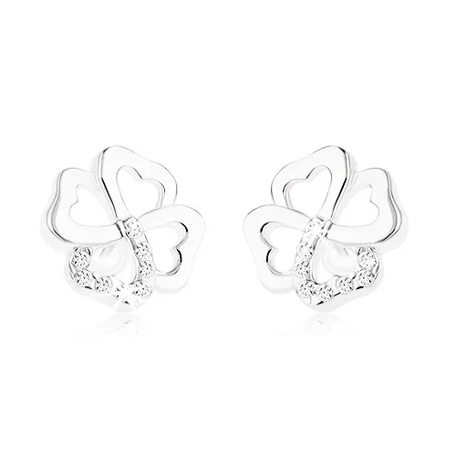 Náušnice ze stříbra 925, obrys čtyřlístku pro štěstí, čiré zirkonky