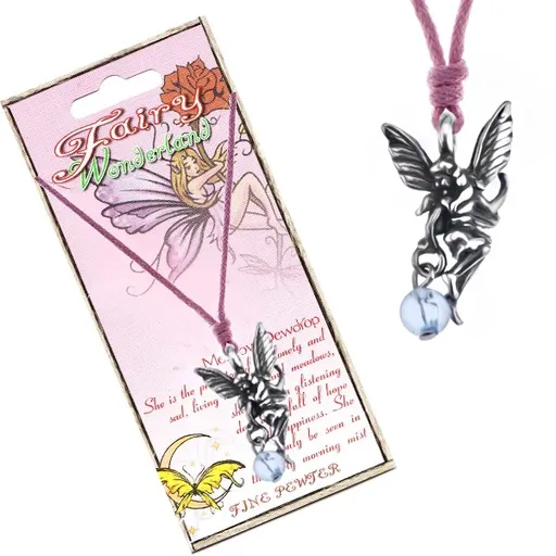 Náhrdelník - růžová šňůrka, kovový přívěsek víly s kapkou vody