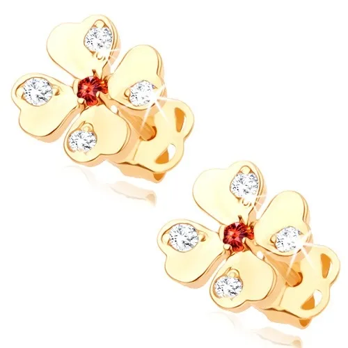 Zlaté náušnice 14K čtyřlístek s červenými a čirými zirkony