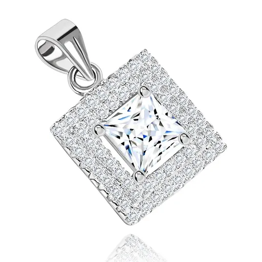 Přívěsek, stříbro 925, čirý zirkonový čtverec, dvojité lemování ze zirkonků