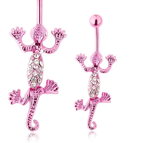 Piercing do pupíku, chirurgická ocel, ještěrka růžové barvy, zirkonky