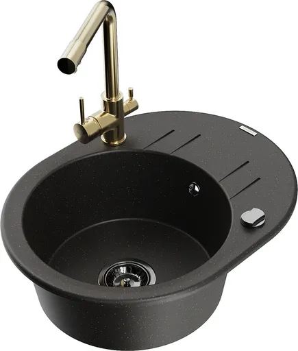 MEXEN/S Kevin granitový dřez s odkapávačem včetně baterie Duero, černá/zlatá metalik 6517-75-671600-50-B