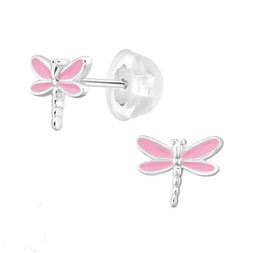 SILVER Dětské stříbrné náušničky Vážka, premium, puzetové, silikon