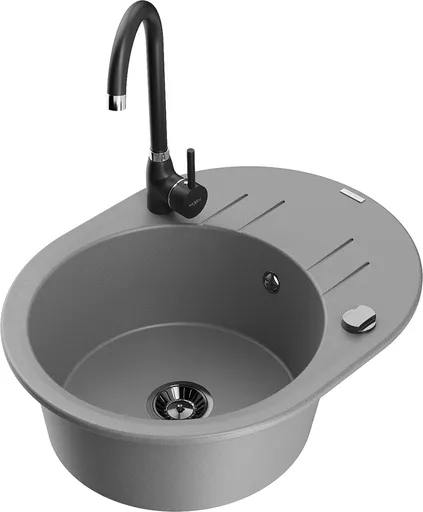 MEXEN/S Kevin granitový dřez s odkapávačem včetně baterie Telma, šedá 6517-71-670200-70-B