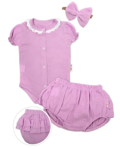 Baby Nellys 3-dílná mušelínová soupravička, body, kraťasky + čelenka GIRL, lila vel.  68