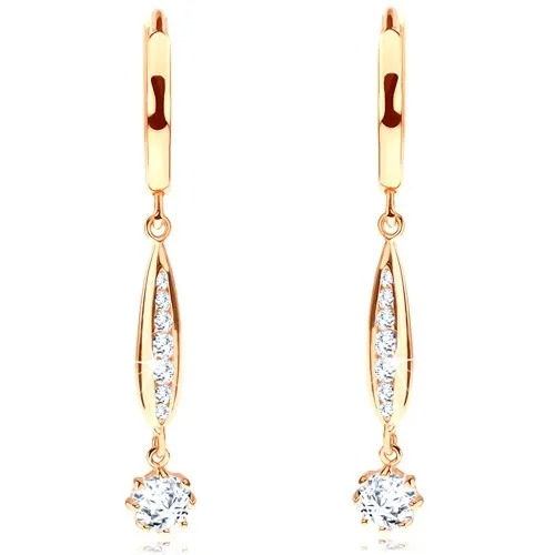 Náušnice ze žlutého 14K zlata - hladký kruh, úzká kapka, čiré zirkony