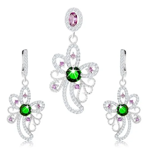 Stříbrný set 925, přívěsek, náušnice, asymetrický květ zdobený zirkony