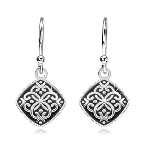 Visací náušnice, stříbro 925, kosočtverec s černou glazurou a ornamenty