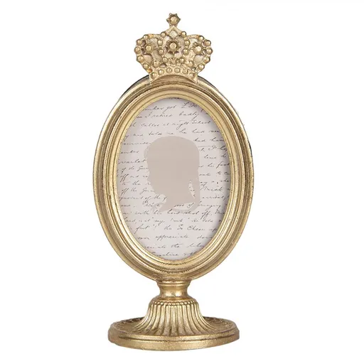 Zlatý antik oválný fotorámeček na noze a korunkou - 9*6*17 cm / 7*9 cm Clayre & Eef