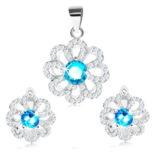 Stříbrná sada 925, náušnice a přívěsek, světle modrý zirkon a čiré lupínky