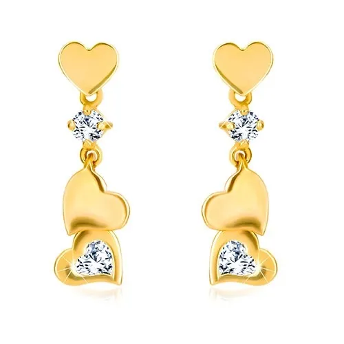 Diamantové náušnice ze zlata 585 - drobné symetrické srdíčko s přívěskem