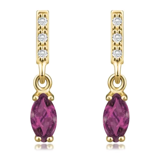 Náušnice ze 14K žlutého zlata - proužek s čirými zirkony, fuchsiové zrnko