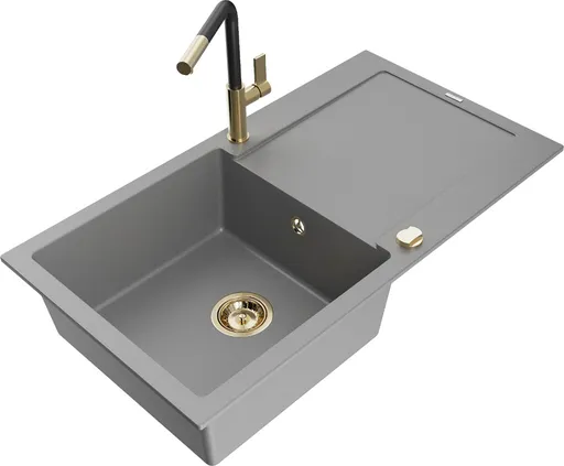 MEXEN/S Leo granitový dřez 1 s odkapávačem včetně baterie Flora, šedá 6501-71-670401-57-G