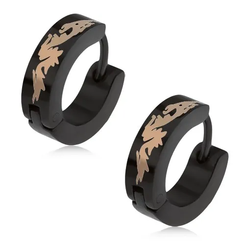 Černé kruhové náušnice z oceli, čínský drak stříbrné barvy