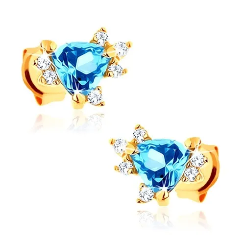 Zlaté náušnice 14K trojúhelník s modrým topazem a čirými zirkony