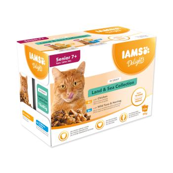 IAMS Delights Senior mořské a suchozemské maso v omáčce kapsičky multipack 12x85 g