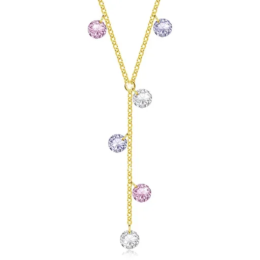 Náhrdelník ze stříbra 925 - zlatá barva, čiré, růžové a levandulové zirkony
