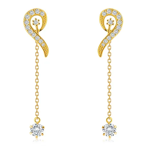 Zlaté 14K náušnice - linie smyčky vykládaná zirkony, krátký řetízek se zirkonem v kotlíku