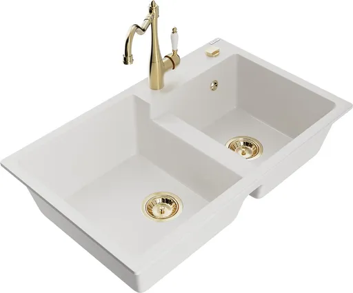 MEXEN/S Tomas granitový dřez 2-bowl včetně baterie Carla, bílá 6516-20-670700-50