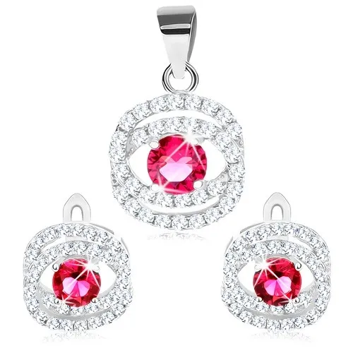 Set přívěsku a náušnic ze stříbra 925, kontury oválů, růžový zirkon