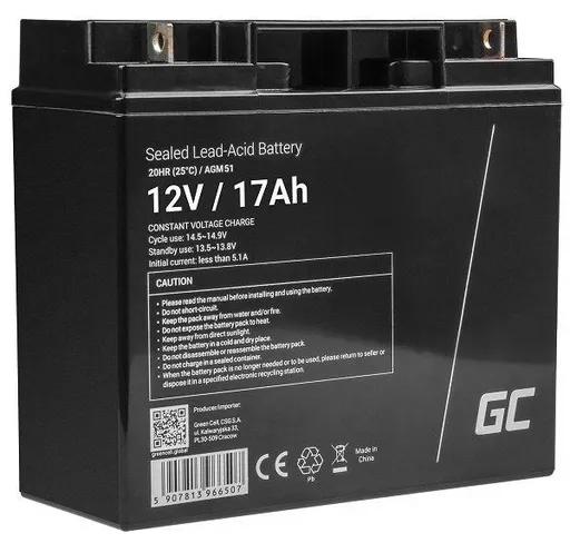 Green Cell AGM VRLA 12V 17Ah maintenance-free battery for mower, scooter, boat, wheelchair