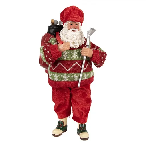 Červená vánoční figurka Santa Claus s golfovou holí - 15*10*28 cm Clayre & Eef