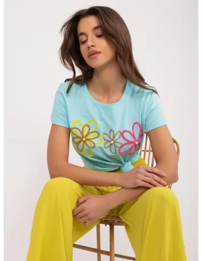 Dámské tričkos květinovou aplikací BASIC FEEL GOOD mátové